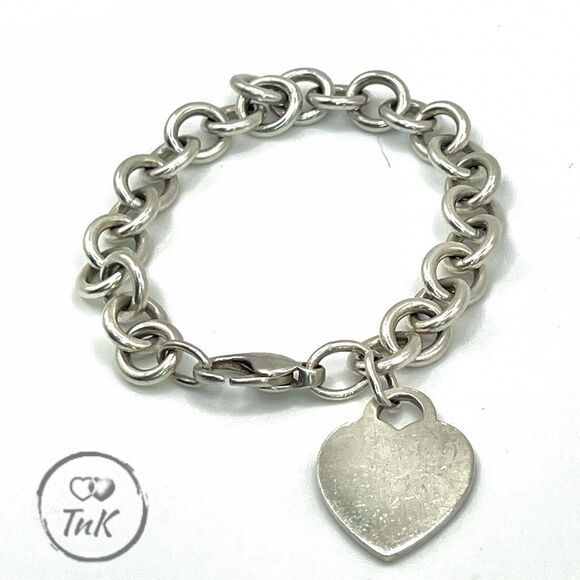 Tiffany & Co. Blank Heart Tag Charm Bracelet 8" Sterling Silver Round Link - Picture 10 of 14